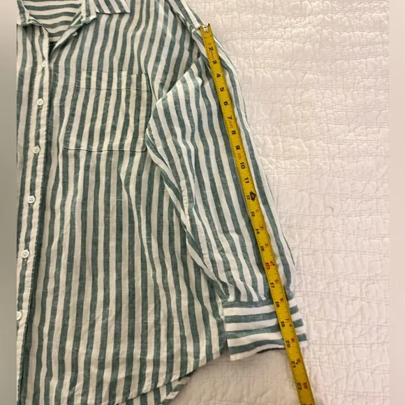 Faherty Laguna Linen relaxed blouse green white stripe L - Picture 8 of 11